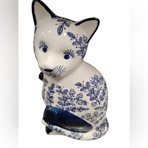 New Blue and White Floral Cat Figurine